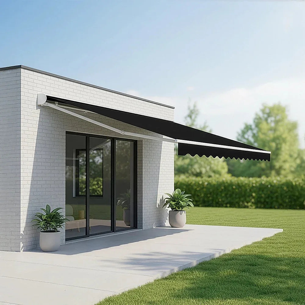 Motorised Outdoor Folding Arm Awning Retractable Sunshade Canopy Black 5.0m x 3.0m - Mekamart Australia