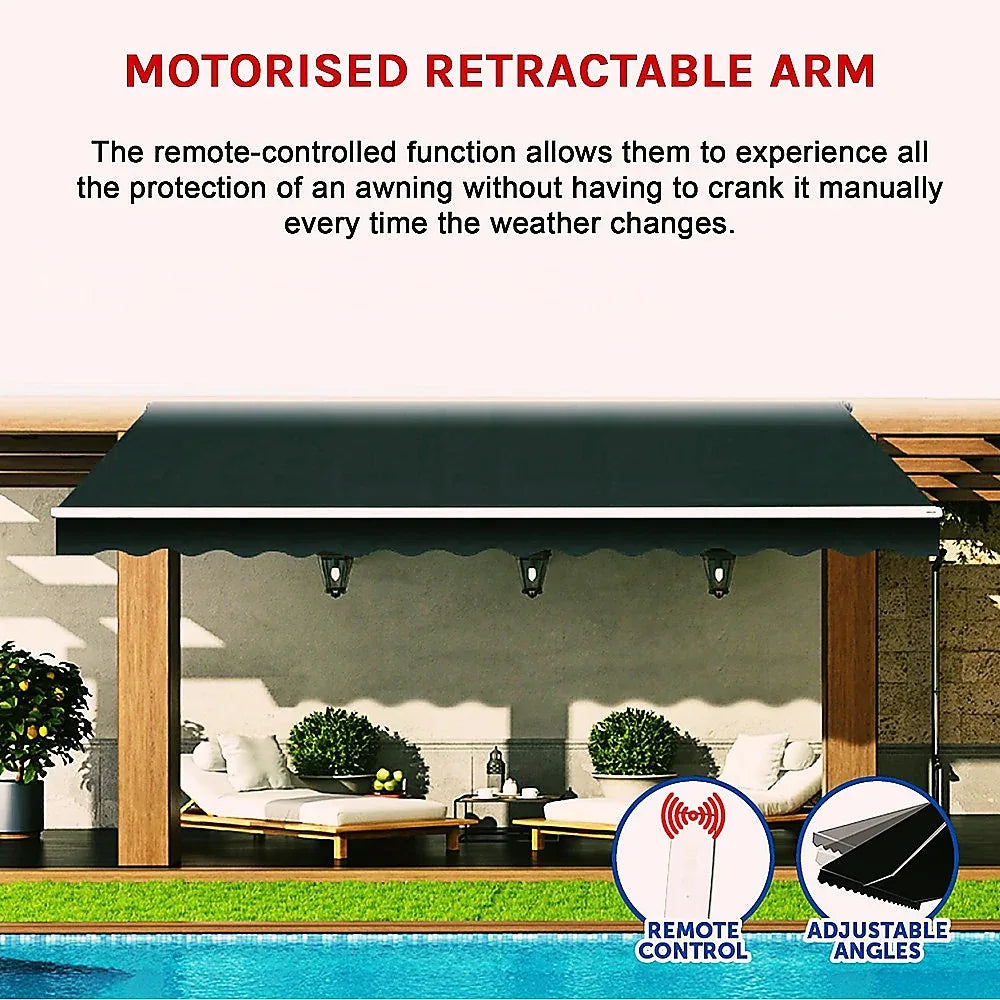 Motorised Outdoor Folding Arm Awning Retractable Sunshade Canopy Black 5.0m x 3.0m - Mekamart Australia