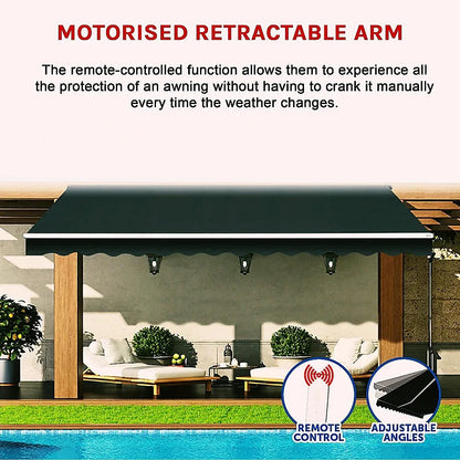 Motorised Outdoor Folding Arm Awning Retractable Sunshade Canopy Black 5.0m x 3.0m - Mekamart Australia