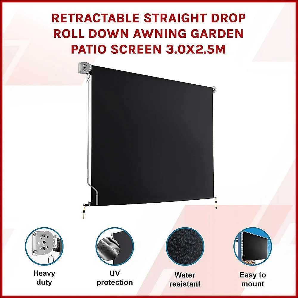 Retractable Straight Drop Roll Down Awning Garden Patio Screen 3.0X2.5M - Mekamart Australia