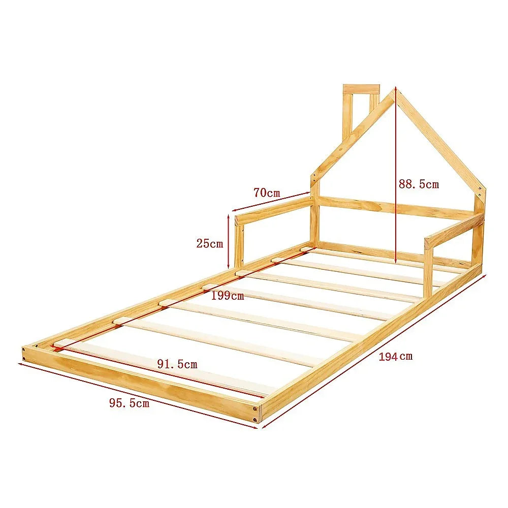 Pine Wood Floor Bed House Frame for Kids and Toddlers - Mekamart Australia