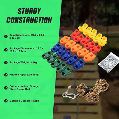 Jungle Gym Rock Climbing Holds Kids Wall Mounting Hardware Knotted Rope 25 Handles Playground - Mekamart Australia