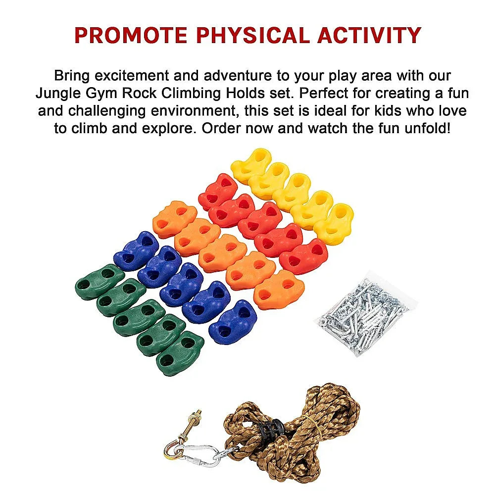 Jungle Gym Rock Climbing Holds Kids Wall Mounting Hardware Knotted Rope 25 Handles Playground - Mekamart Australia