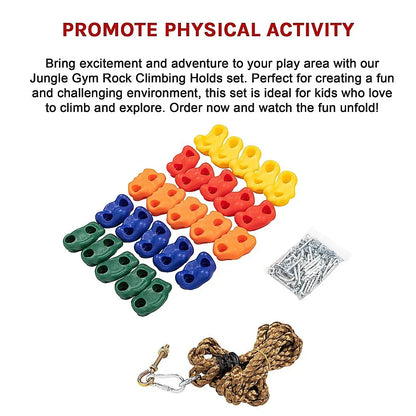 Jungle Gym Rock Climbing Holds Kids Wall Mounting Hardware Knotted Rope 25 Handles Playground - Mekamart Australia