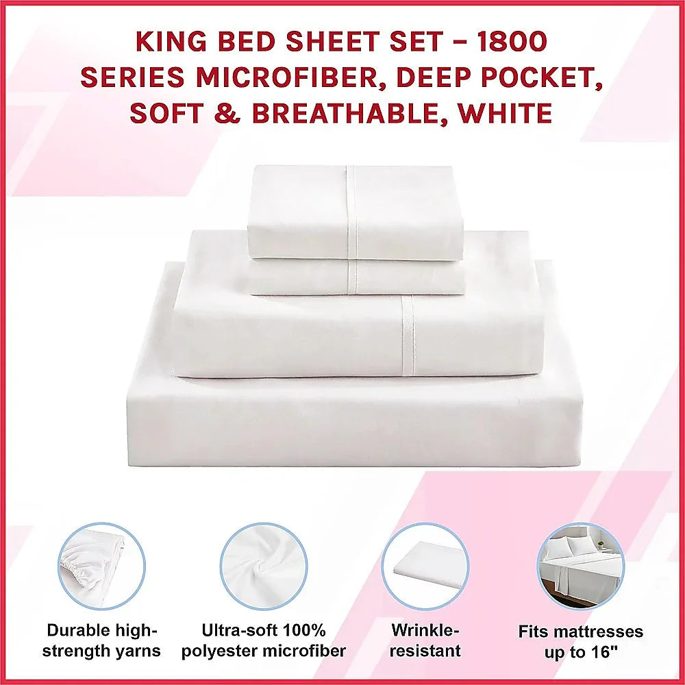 King Bed Sheet Set – 1800 Series Microfiber, Deep Pocket, Soft & Breathable, White - Mekamart Australia