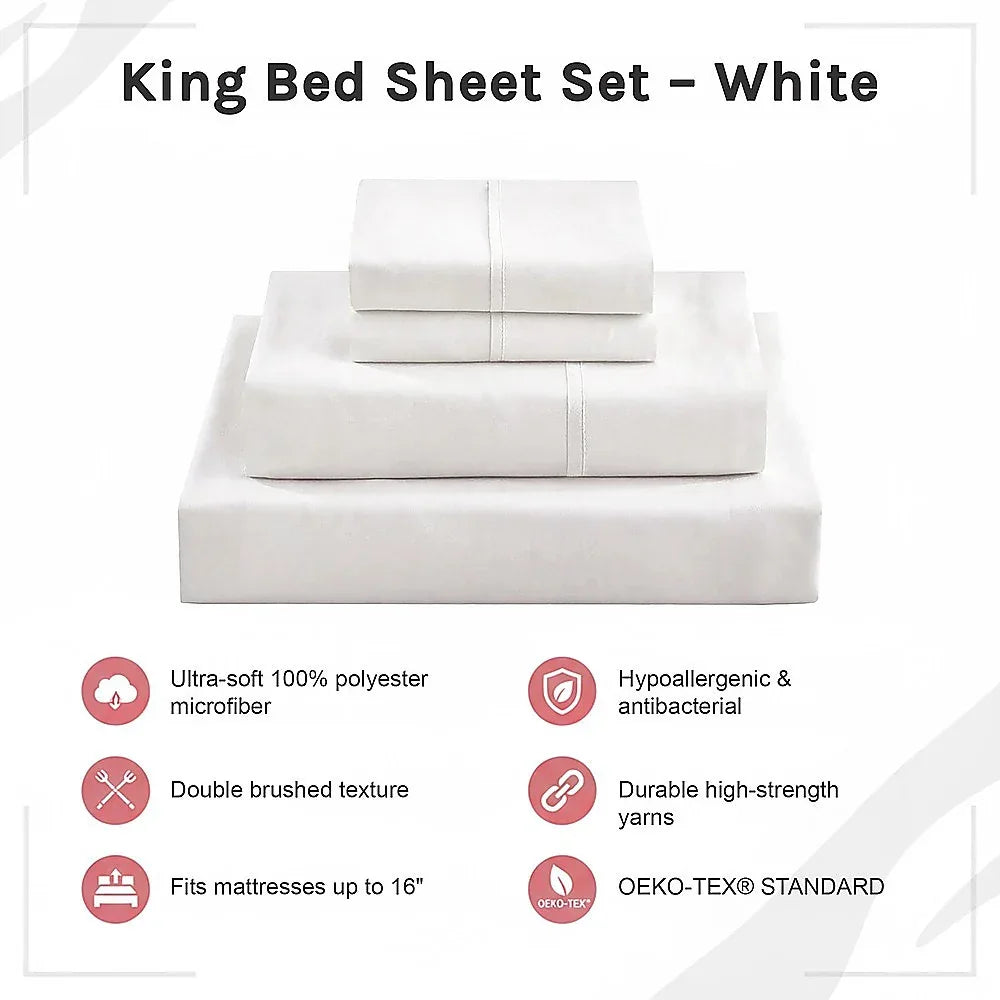 King Bed Sheet Set – 1800 Series Microfiber, Deep Pocket, Soft & Breathable, White - Mekamart Australia
