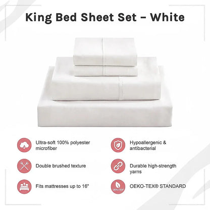 King Bed Sheet Set – 1800 Series Microfiber, Deep Pocket, Soft & Breathable, White - Mekamart Australia