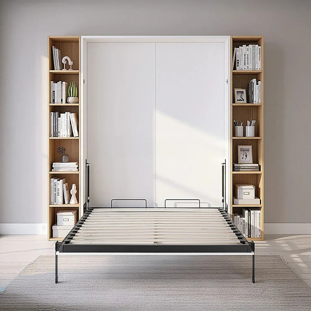 Double Wall Bed in White Gloss – Space Saving Murphy Bed Kit with Black Door Handle - Mekamart Australia