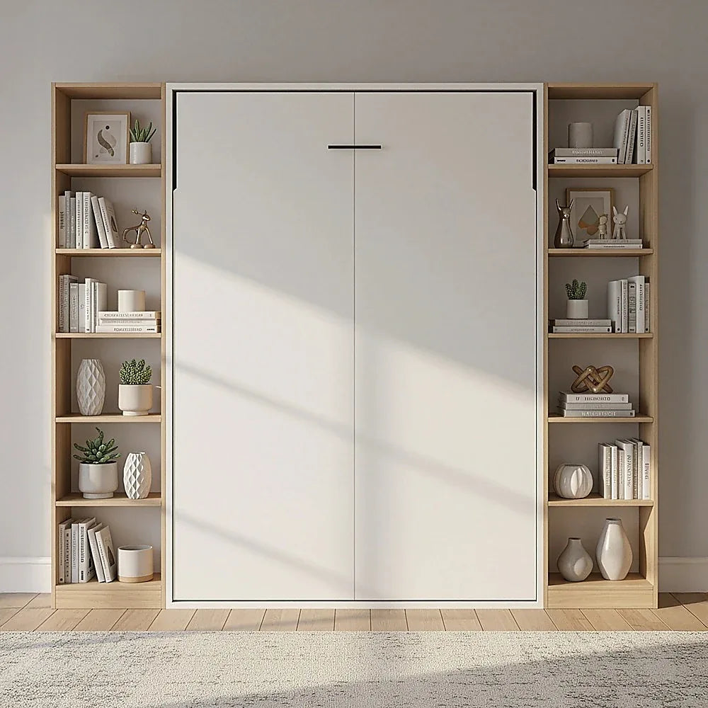 Double Wall Bed in White – Space Saving Murphy Bed Kit with Silver Door Handle - Mekamart Australia