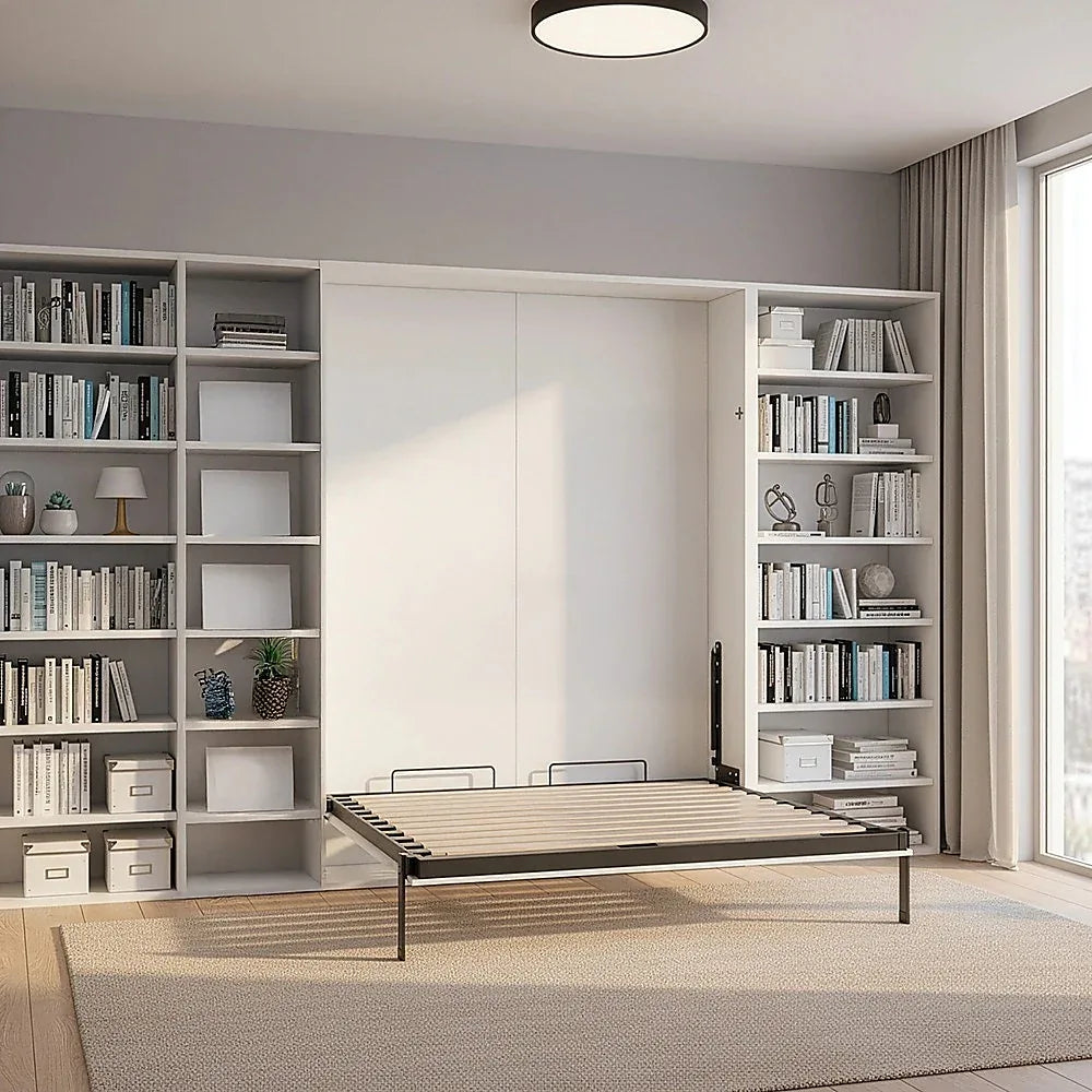 Double Wall Bed in White – Space Saving Murphy Bed Kit with Black Door Handle - Mekamart Australia