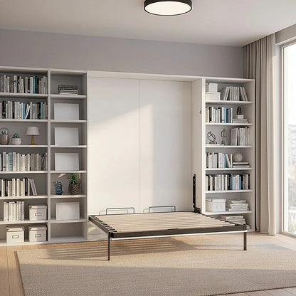 Double Wall Bed in White – Space Saving Murphy Bed Kit with Black Door Handle - Mekamart Australia