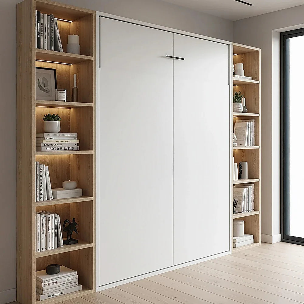Double Wall Bed in White – Space Saving Murphy Bed Kit with Black Door Handle - Mekamart Australia