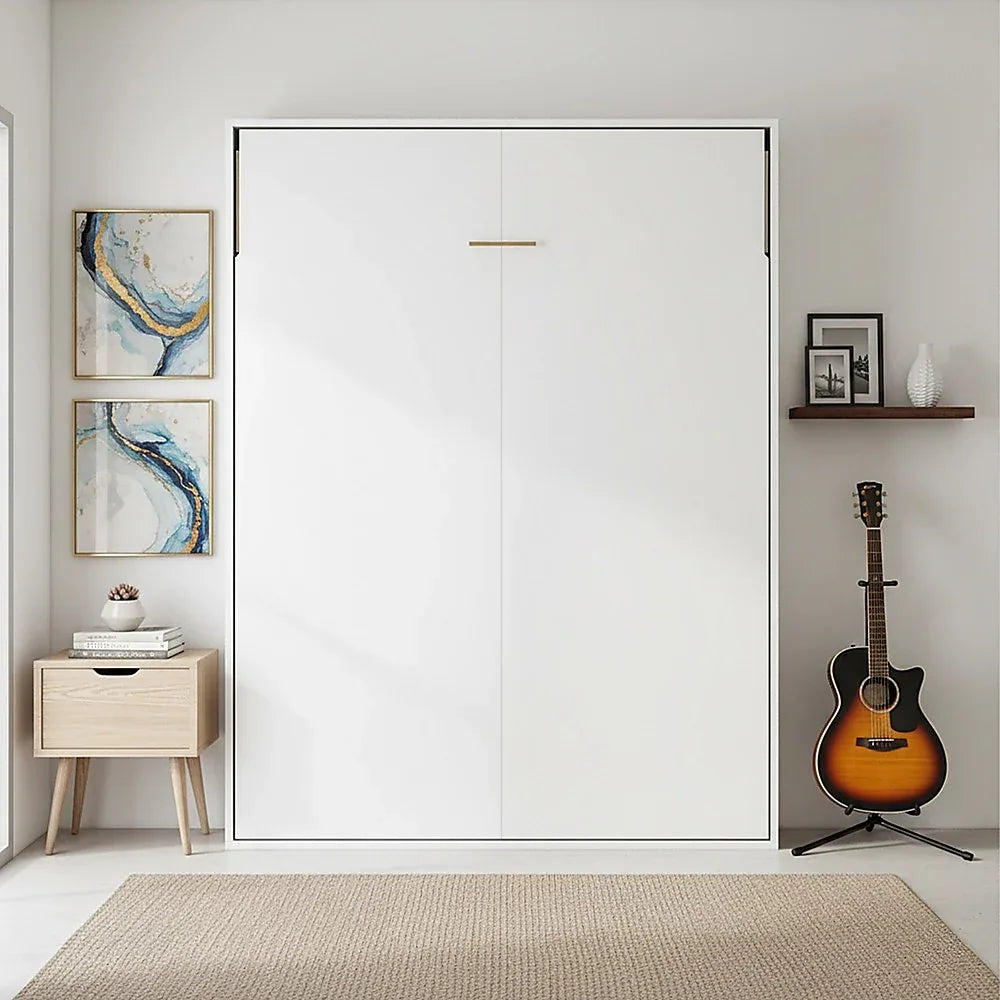 Double Wall Bed in White – Space Saving Murphy Bed Kit with Black Door Handle - Mekamart Australia