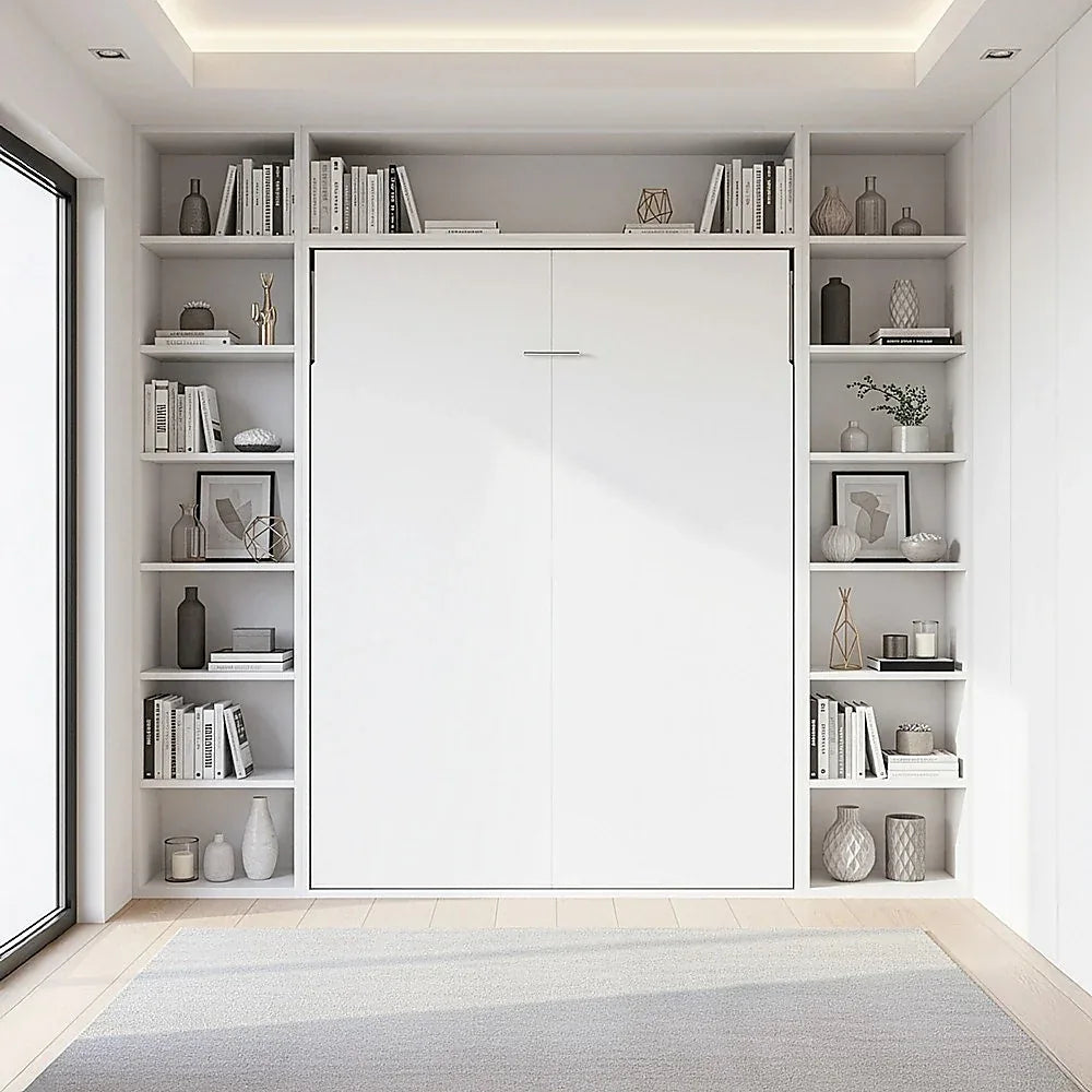 Queen Wall Bed in White Gloss – Space Saving Murphy Bed Kit with Black Door Handle - Mekamart Australia
