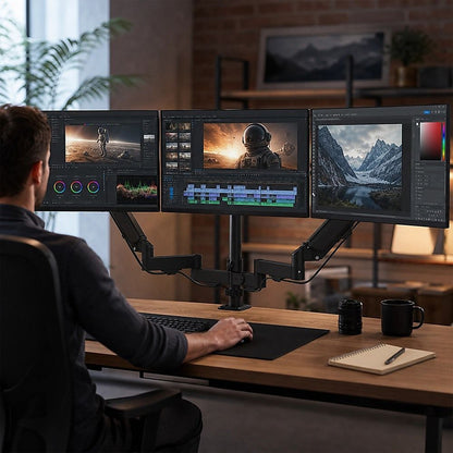 Triple Monitor Mount Stand – Desk Clamp with 3 Adjustable Arms for Multi-Screen Setup