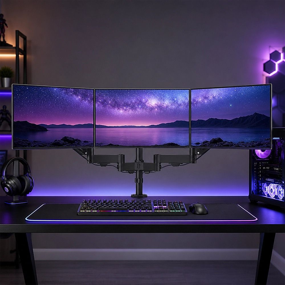 Triple Monitor Mount Stand – Desk Clamp with 3 Adjustable Arms for Multi-Screen Setup