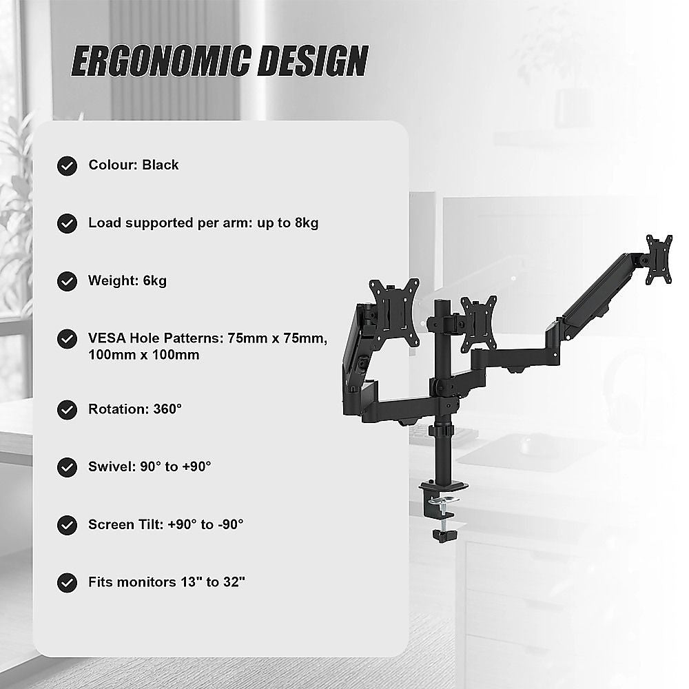 Triple Monitor Mount Stand – Desk Clamp with 3 Adjustable Arms for Multi-Screen Setup