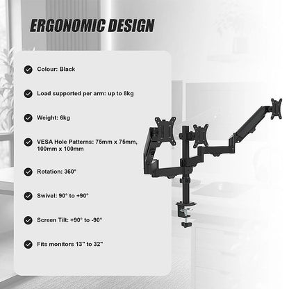 Triple Monitor Mount Stand – Desk Clamp with 3 Adjustable Arms for Multi-Screen Setup