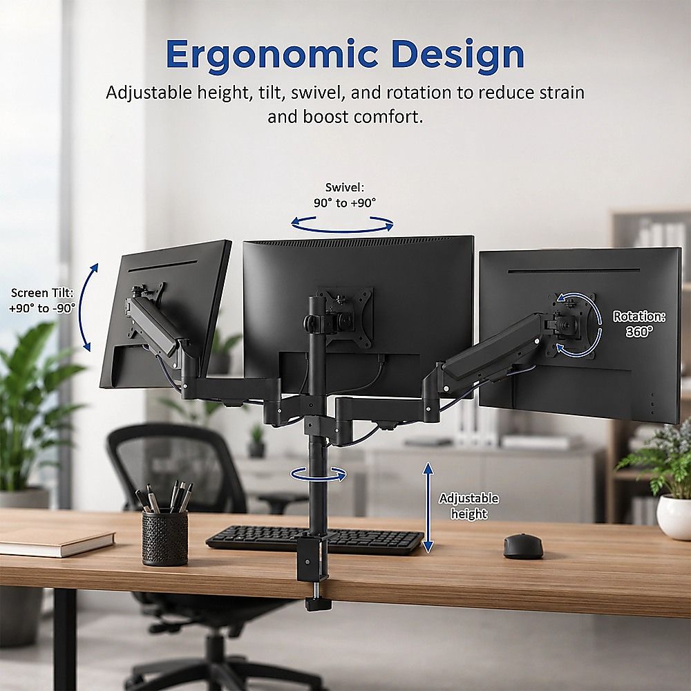Triple Monitor Mount Stand – Desk Clamp with 3 Adjustable Arms for Multi-Screen Setup