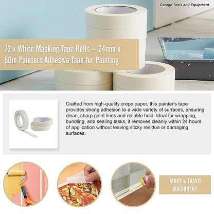 72 x White Masking Tape Rolls – 24mm x 50m Painters Adhesive Tape for Painting