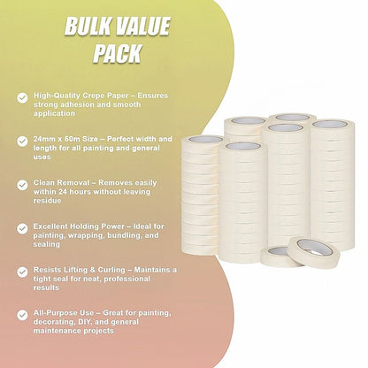 72 x White Masking Tape Rolls – 24mm x 50m Painters Adhesive Tape for Painting