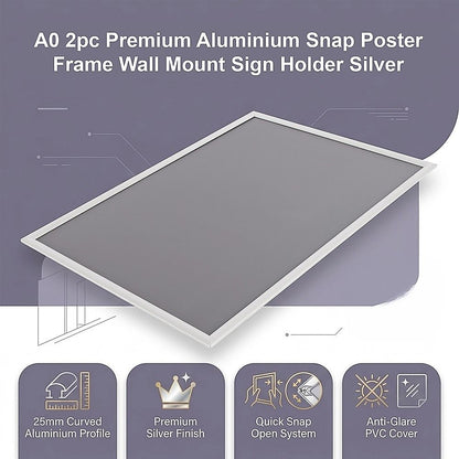 A0 2pc Aluminium Snap Poster Frame Wall Mount Sign Holder Silver