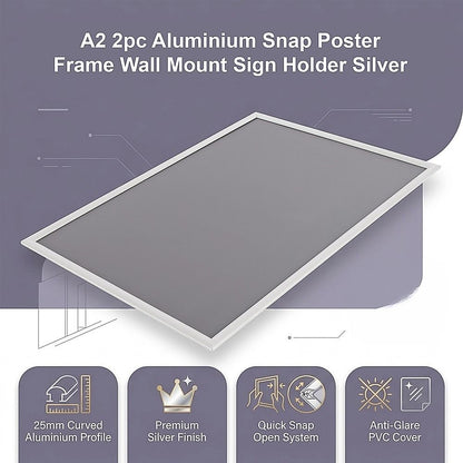 A2 2pc Aluminium Snap Poster Frame Wall Mount Sign Holder Silver