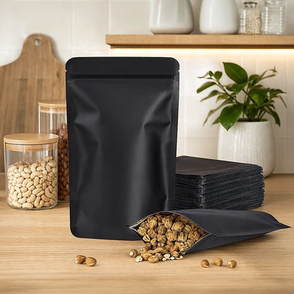Black Stand Up Pouches 100 Pack 12x20cm Resealable Zip Lock Food Storage Bags with Aluminized PET Barrier