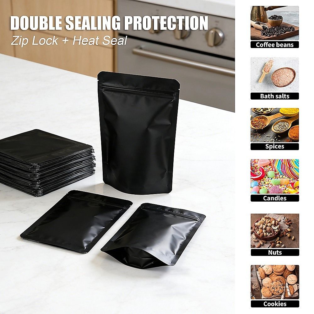 Black Stand Up Pouches 100 Pack 12x20cm Resealable Zip Lock Food Storage Bags with Aluminized PET Barrier