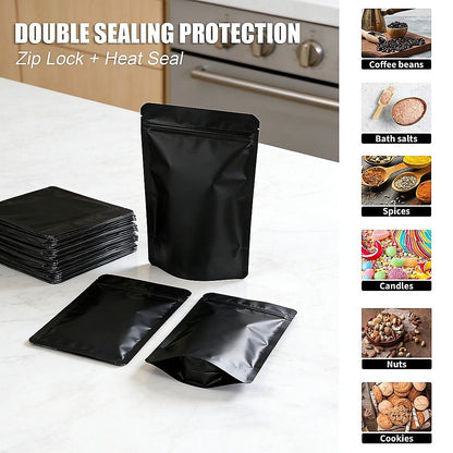 Black Stand Up Pouches 100 Pack 12x20cm Resealable Zip Lock Food Storage Bags with Aluminized PET Barrier