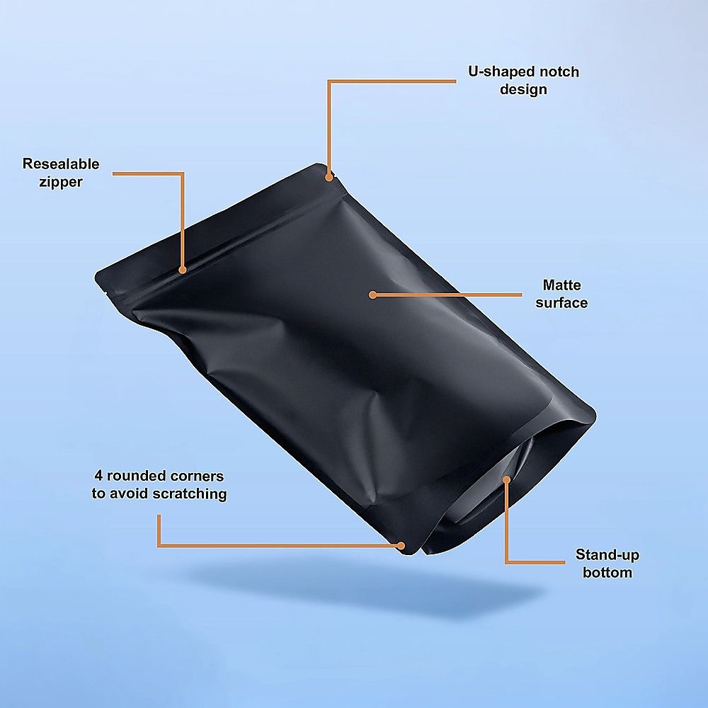 Black Stand Up Pouches 100 Pack 12x20cm Resealable Zip Lock Food Storage Bags with Aluminized PET Barrier