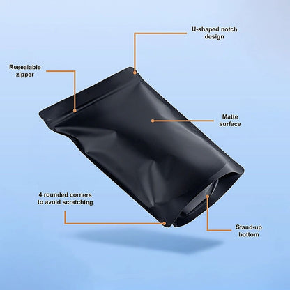 Black Stand Up Pouches 100 Pack 12x20cm Resealable Zip Lock Food Storage Bags with Aluminized PET Barrier