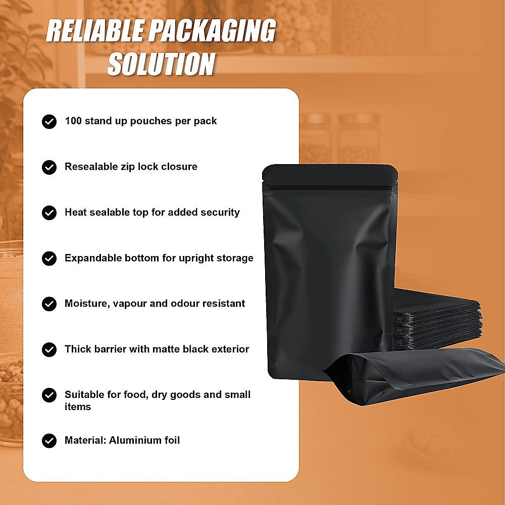 Black Stand Up Pouches 100 Pack 12x20cm Resealable Zip Lock Food Storage Bags with Aluminized PET Barrier