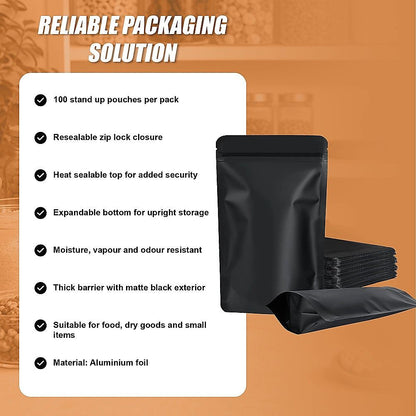 Black Stand Up Pouches 100 Pack 12x20cm Resealable Zip Lock Food Storage Bags with Aluminized PET Barrier