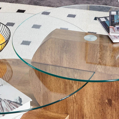'MINORI' Double Layer Clear Tempered Glass Dark Wood Grain Coffee Table - Mekamart Australia