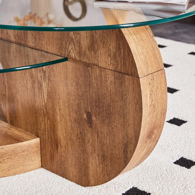 'MINORI' Double Layer Clear Tempered Glass Dark Wood Grain Coffee Table - Mekamart Australia
