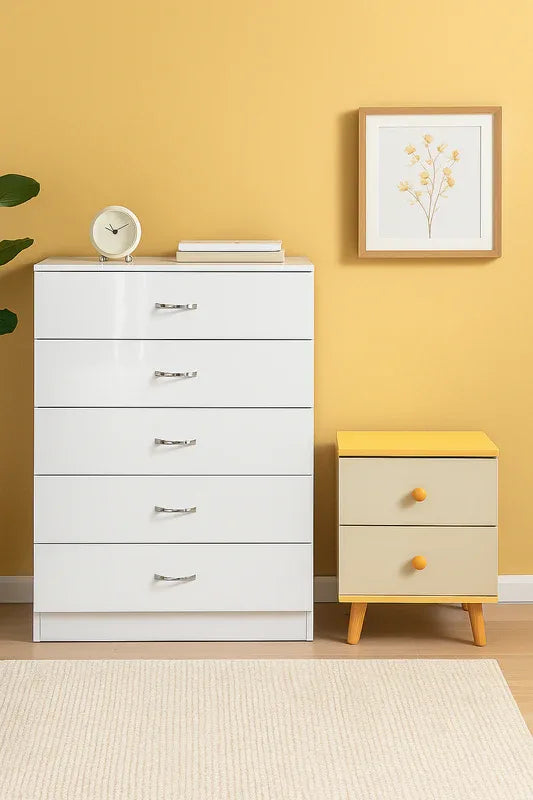 NNECN 5 Layer White Drawer Chest Storage with Bedside Table - Mekamart Australia