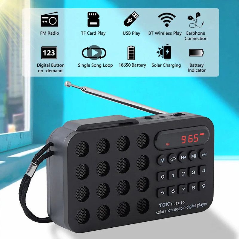 Portable Solar FM Radio Bluetooth Speaker Black