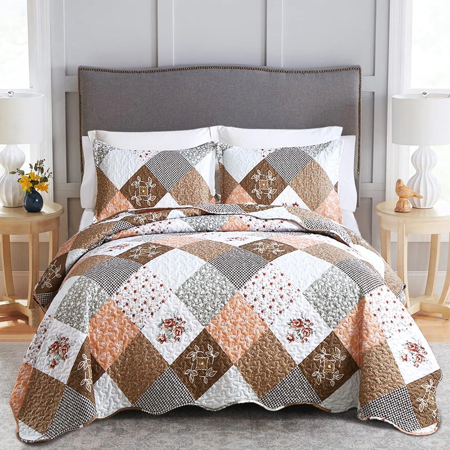 Gleaming rust brown colo patchwork 3 Pc XL Bedspread & Pillow Cover Set - Mekamart Australia