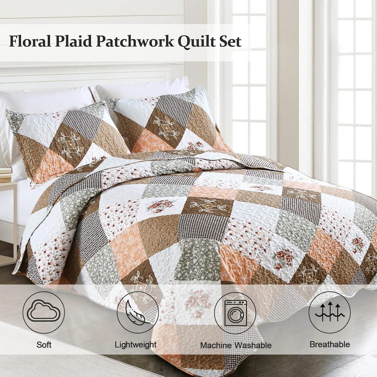 Gleaming rust brown colo patchwork 3 Pc XL Bedspread & Pillow Cover Set - Mekamart Australia
