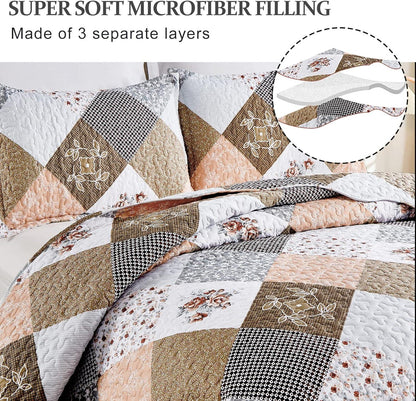 Gleaming rust brown colo patchwork 3 Pc XL Bedspread & Pillow Cover Set - Mekamart Australia