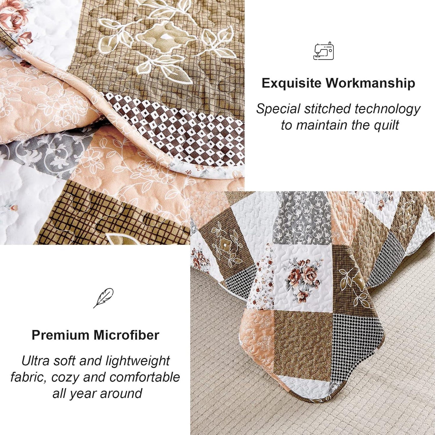 Gleaming rust brown colo patchwork 3 Pc XL Bedspread & Pillow Cover Set - Mekamart Australia