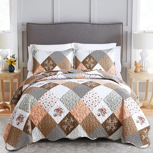 Gleaming rust brown colo patchwork 3 Pc Bedspread & Pillow Cover Set - Mekamart Australia