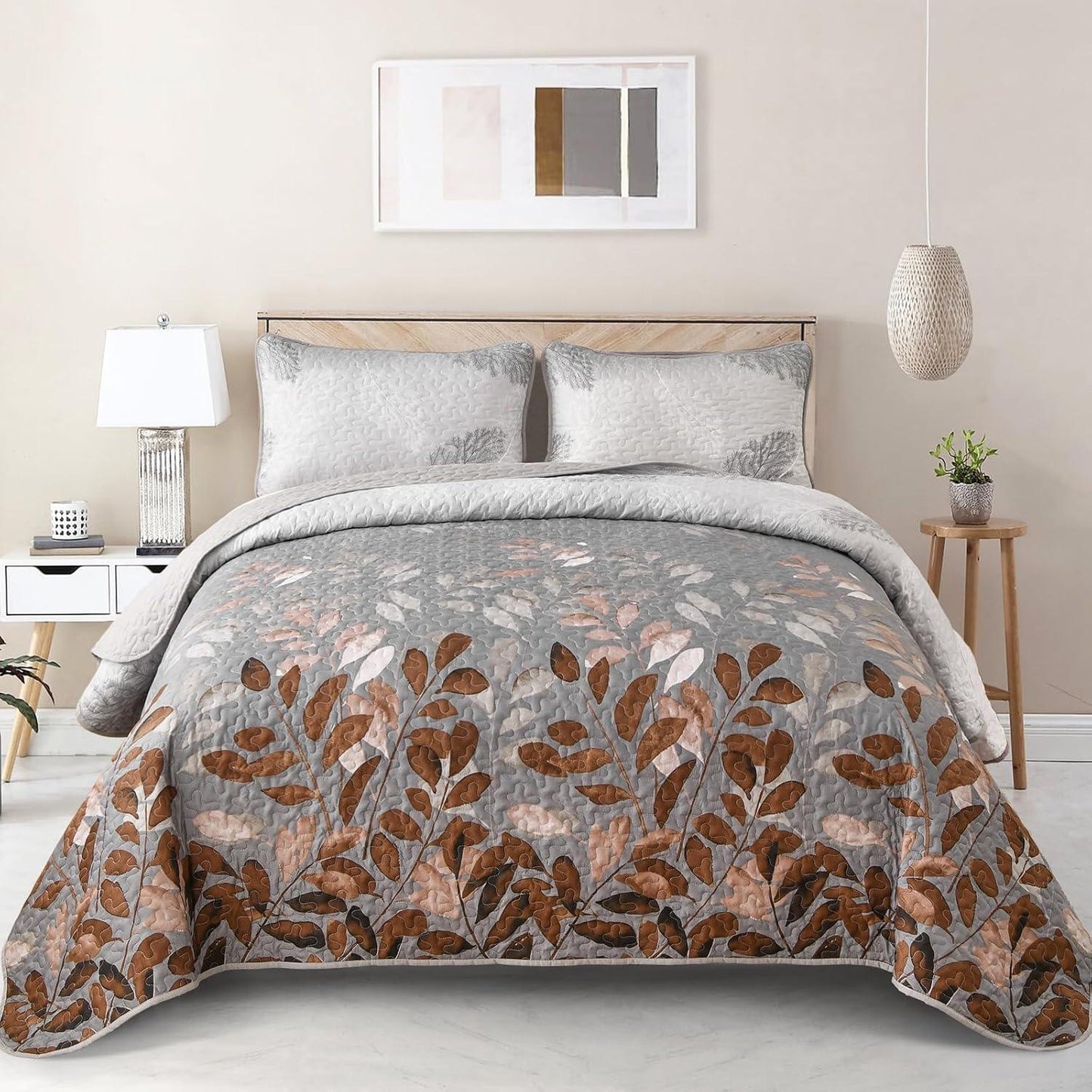 Gleaming rust grey Floral 3 Pc Bedspread & Pillow Cover Set - Mekamart Australia