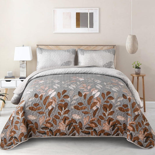 Gleaming rust grey Floral 3 Pc Bedspread & Pillow Cover Set - Mekamart Australia