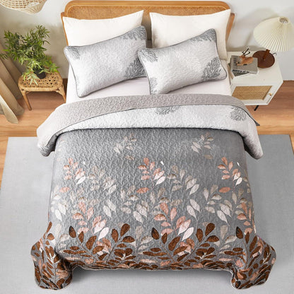 Gleaming rust grey Floral 3 Pc Bedspread & Pillow Cover Set - Mekamart Australia