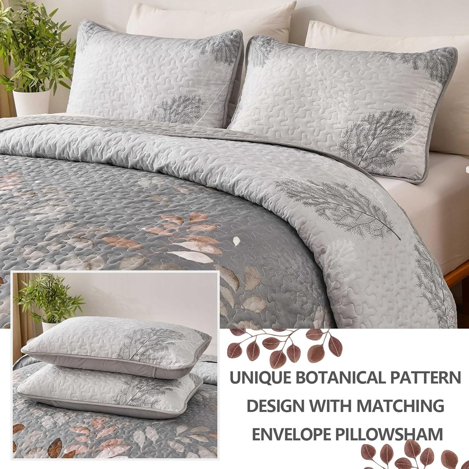 Gleaming rust grey Floral 3 Pc Bedspread & Pillow Cover Set - Mekamart Australia
