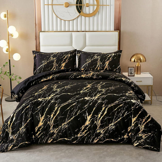 Black Gold Metallic Marble Comforter Set, King Size, Foil Print Glitter 3-Piece Bedding - Mekamart Australia