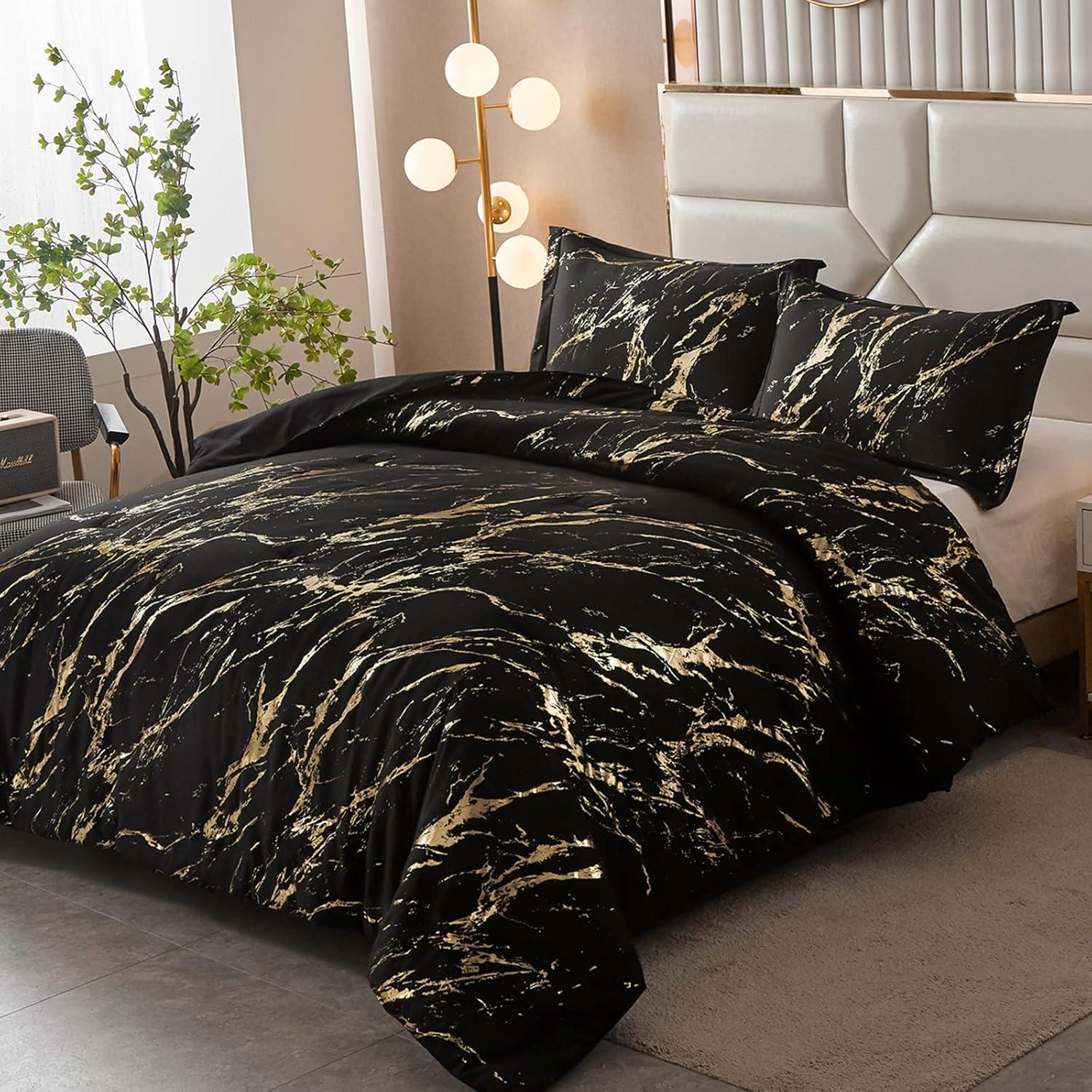 Black Gold Metallic Marble Comforter Set, King Size, Foil Print Glitter 3-Piece Bedding - Mekamart Australia