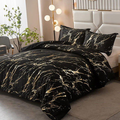 Black Gold Metallic Marble Comforter Set, King Size, Foil Print Glitter 3-Piece Bedding - Mekamart Australia